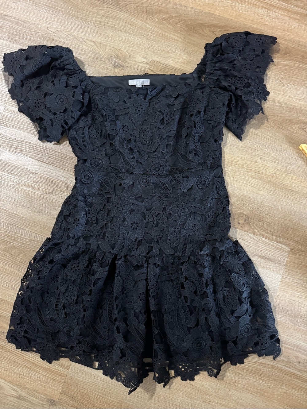 Chelsea28 Black Floral Lace Mini Dress with Puff Sleeves